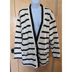 Striped Black & White Cardigan Sweater With Front Pockets Large Georgio Cotton